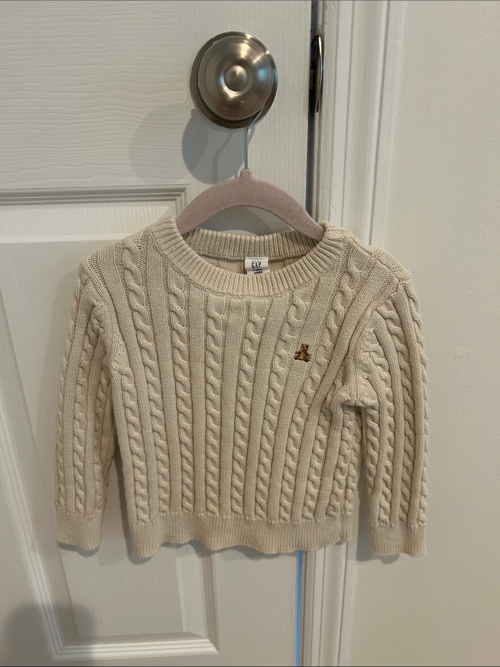 GAP Cream Cable-Knit Sweater with Tiny Bear Accent